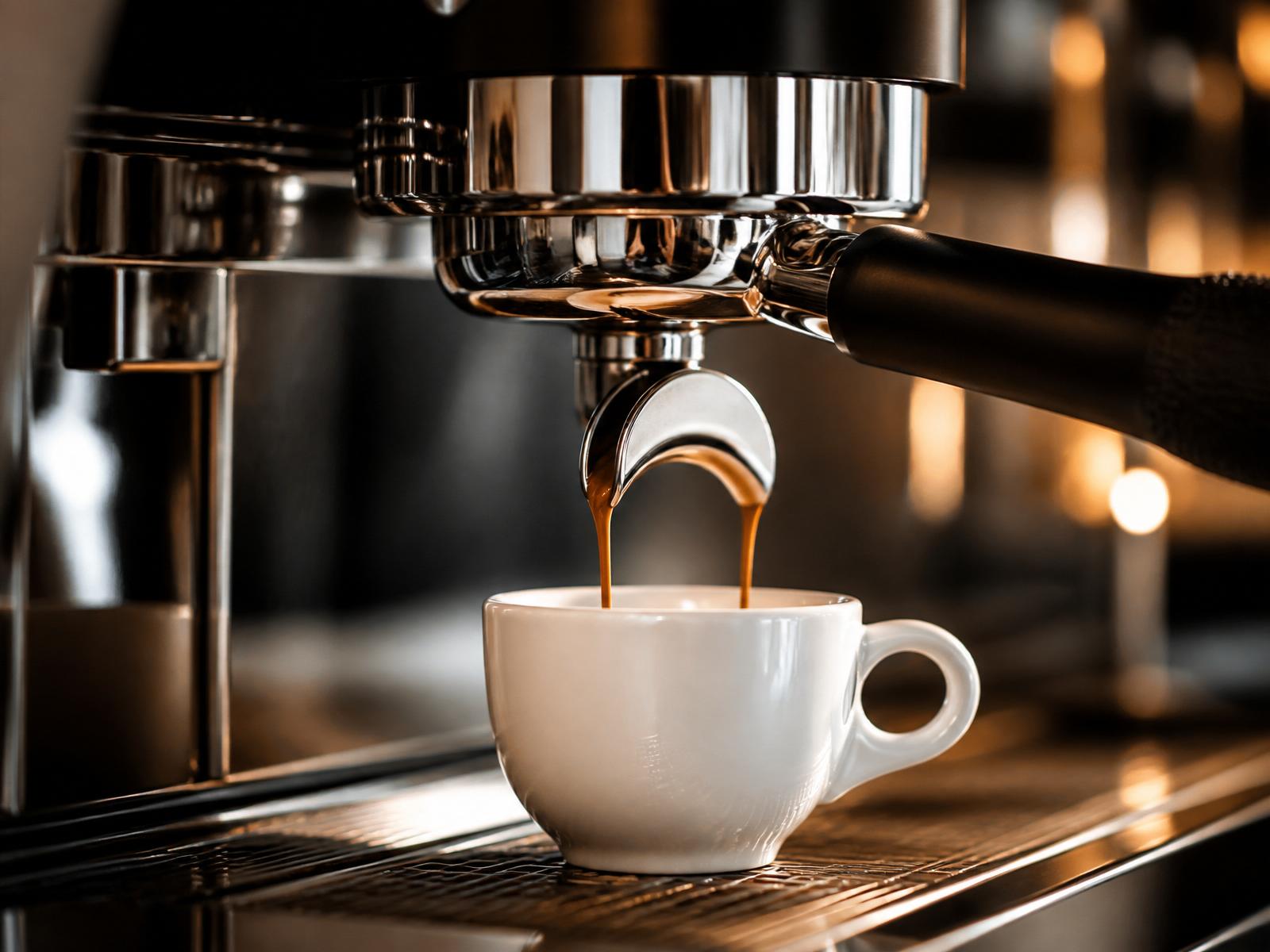 Espresso pouring from a chrome portafilter into a white ceramic cup